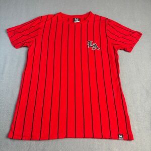 WXYZ MFG CO Mens Red Black Pinstripe LA Logo Graphic T-Shirt Streetwear